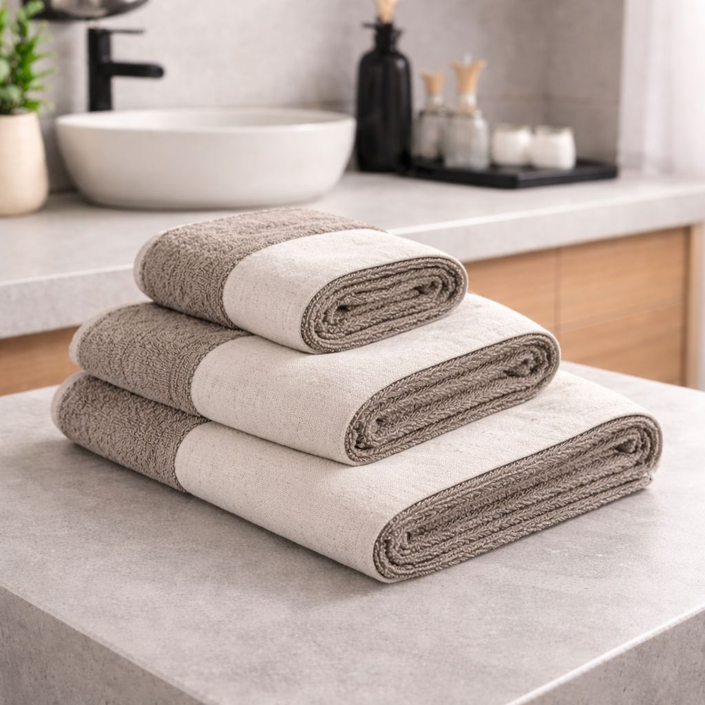 Set 3 Asciugamani Viso + Ospite + Telo Bagno in Spugna 500g con Balza in Lino – 100% Cotone -Colore Marrone