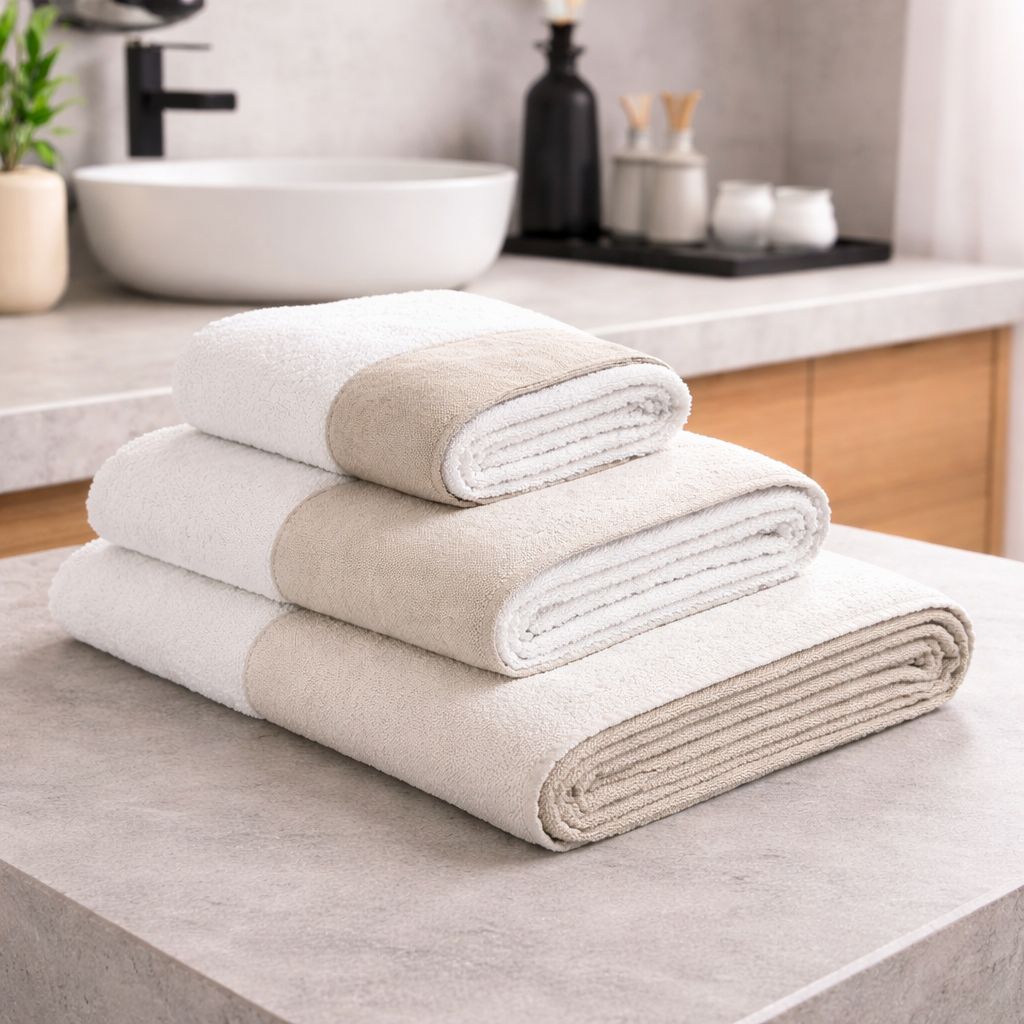 Set 3 Asciugamani Viso + Ospite + Telo Bagno in Spugna 500g con Balza in Lino – 100% Cotone -Colore Bianco