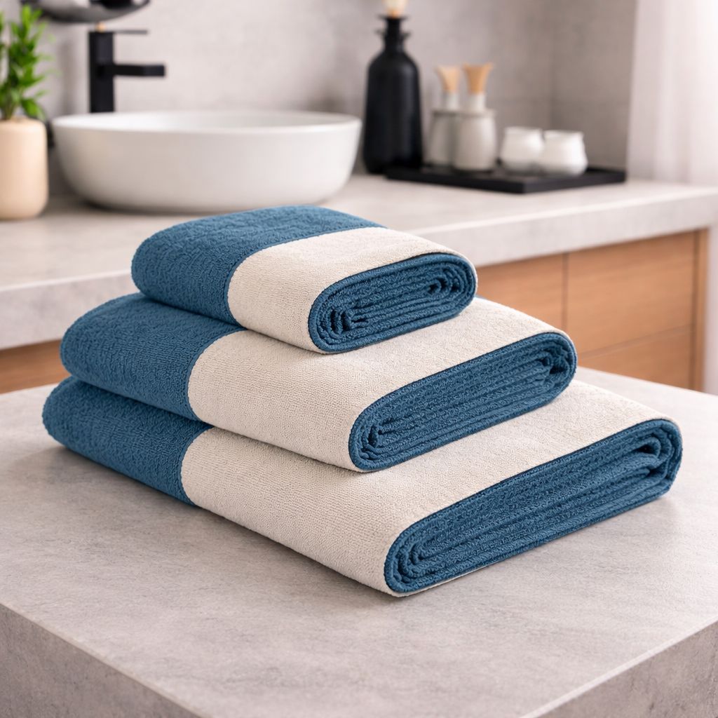 Set 3 Asciugamani Viso + Ospite + Telo Bagno in Spugna 500g con Balza in Lino – 100% Cotone -Colore Blu