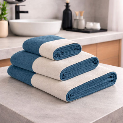 Set 3 Asciugamani Viso + Ospite + Telo Bagno in Spugna 500g con Balza in Lino – 100% Cotone -Colore Blu