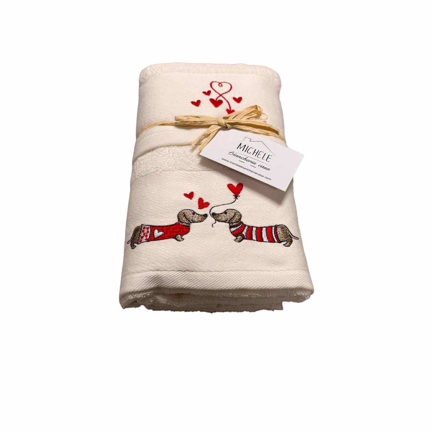 Set Asciugamani Viso + Ospite 100% Cotone 500 gr – Balza Ricamata Bassotti Love