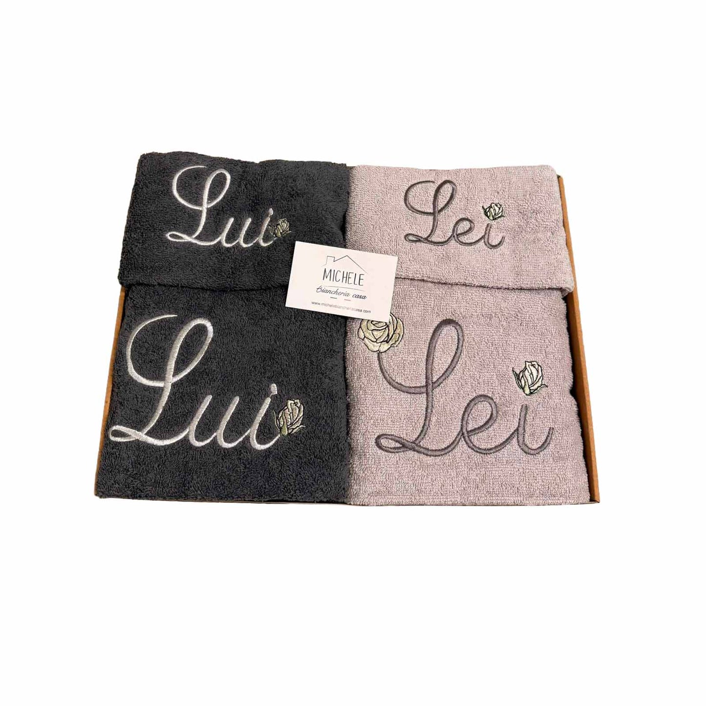 Set Asciugamani Ricamati Lui e Lei 4 Pezzi in Spugna 100% Cotone 500 g/m² Extra Qualità