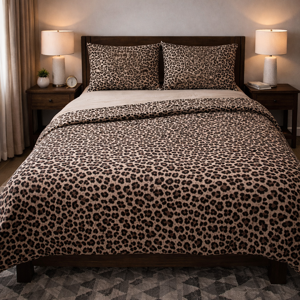 Completo Letto Matrimoniale in Cotone 100% Fantasia Animal Chic – Lenzuola Leopardate con Angoli