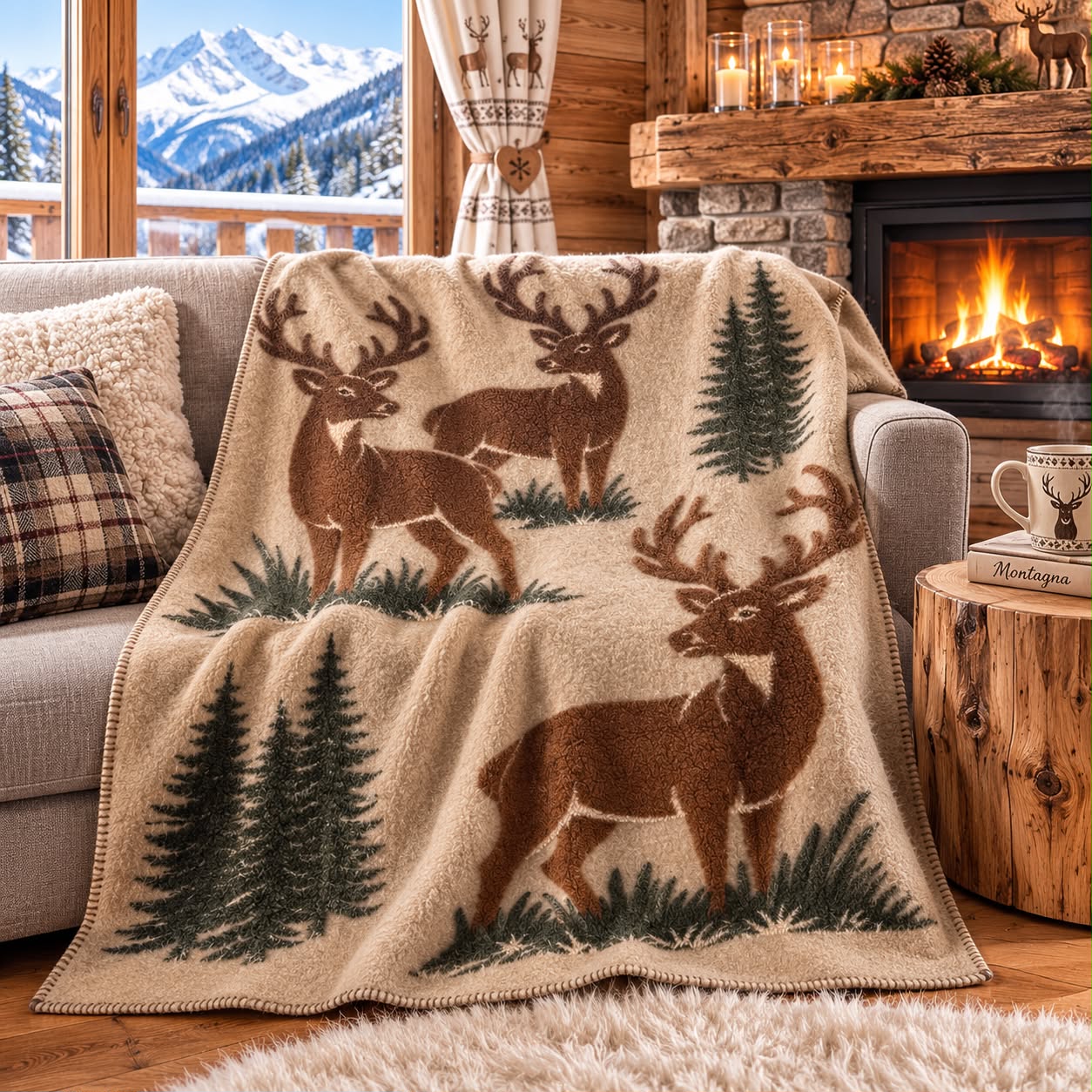 Coperta in Lana Cotta 150x170 cm Made in Italy – Fantasia Cervi e Abeti