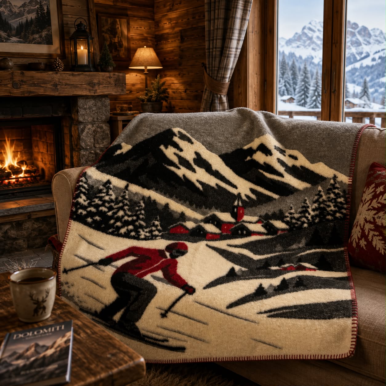 Coperta in Lana Cotta 150x170 cm Made in Italy – Fantasia Montagna e Sciatore