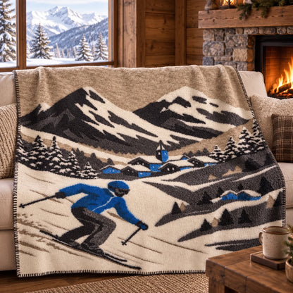 Coperta in Lana Cotta 150x170 cm Made in Italy – Fantasia Montagna e Sciatore