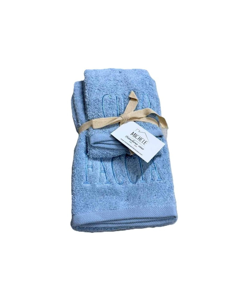 Coppia Asciugamani Viso + Ospite in Spugna 500 gr – Morbidi, Assorbenti, Ricamati – Azzurro