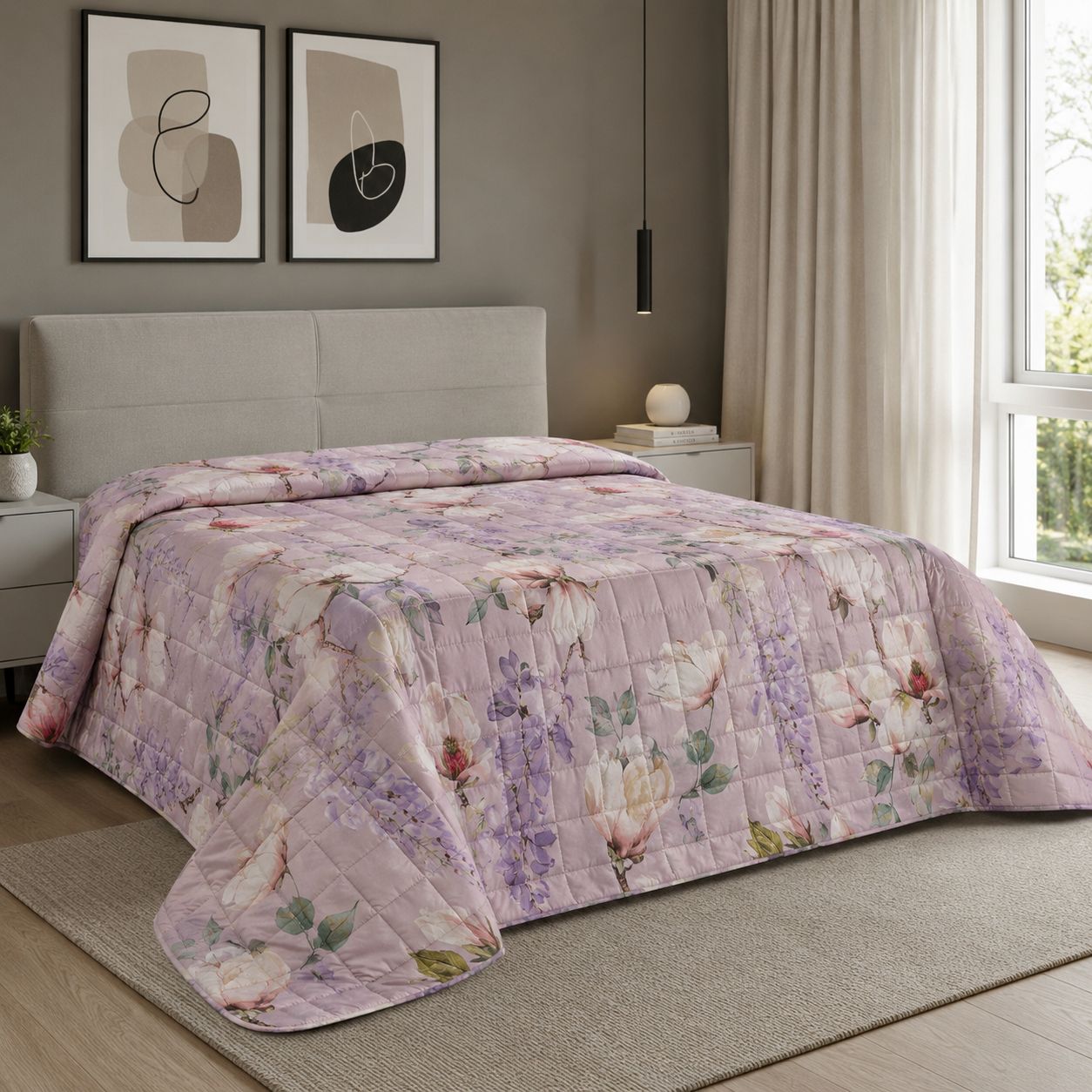 Trapuntino Matrimoniale con stampa digitale “Magnolia Lilac” 260x260 cm Double Face in Microfibra Effetto Seta