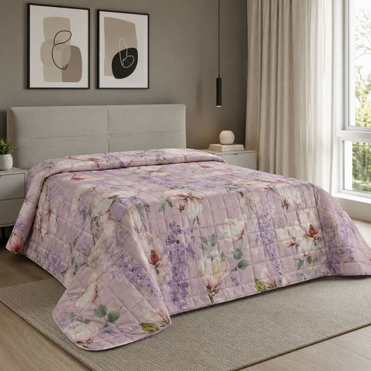Trapuntino Matrimoniale con stampa digitale “Magnolia Lilac” 260x260 cm Double Face in Microfibra Effetto Seta