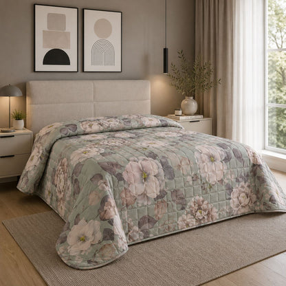 Trapuntino Matrimoniale con stampa digitale “Peonia Soft Green” 260x260 cm Double Face in Microfibra Effetto Seta
