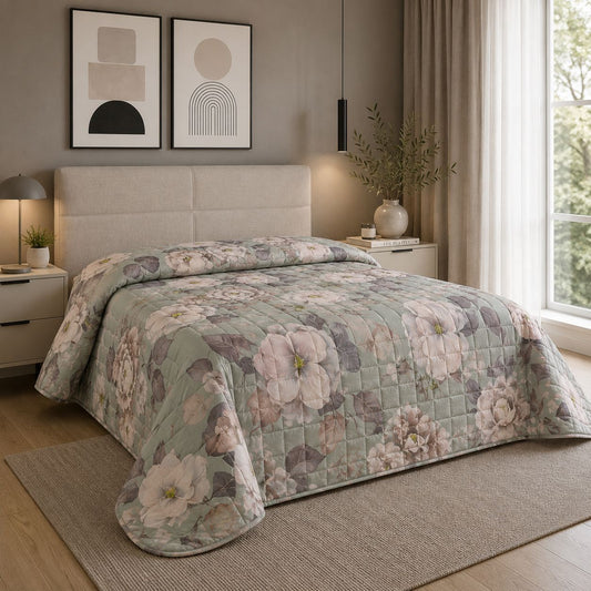 Trapuntino Matrimoniale con stampa digitale “Peonia Soft Green” 260x260 cm Double Face in Microfibra Effetto Seta
