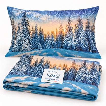 Copripiumino matrimoniale 100% cotone Alba d’Inverno con stampa digitale di foresta innevata