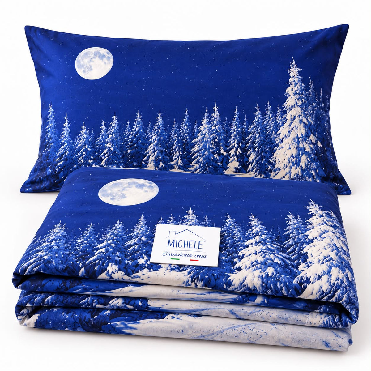 Copripiumino matrimoniale 100% cotone Bosco di Luna con stampa digitale blu di bosco innevato