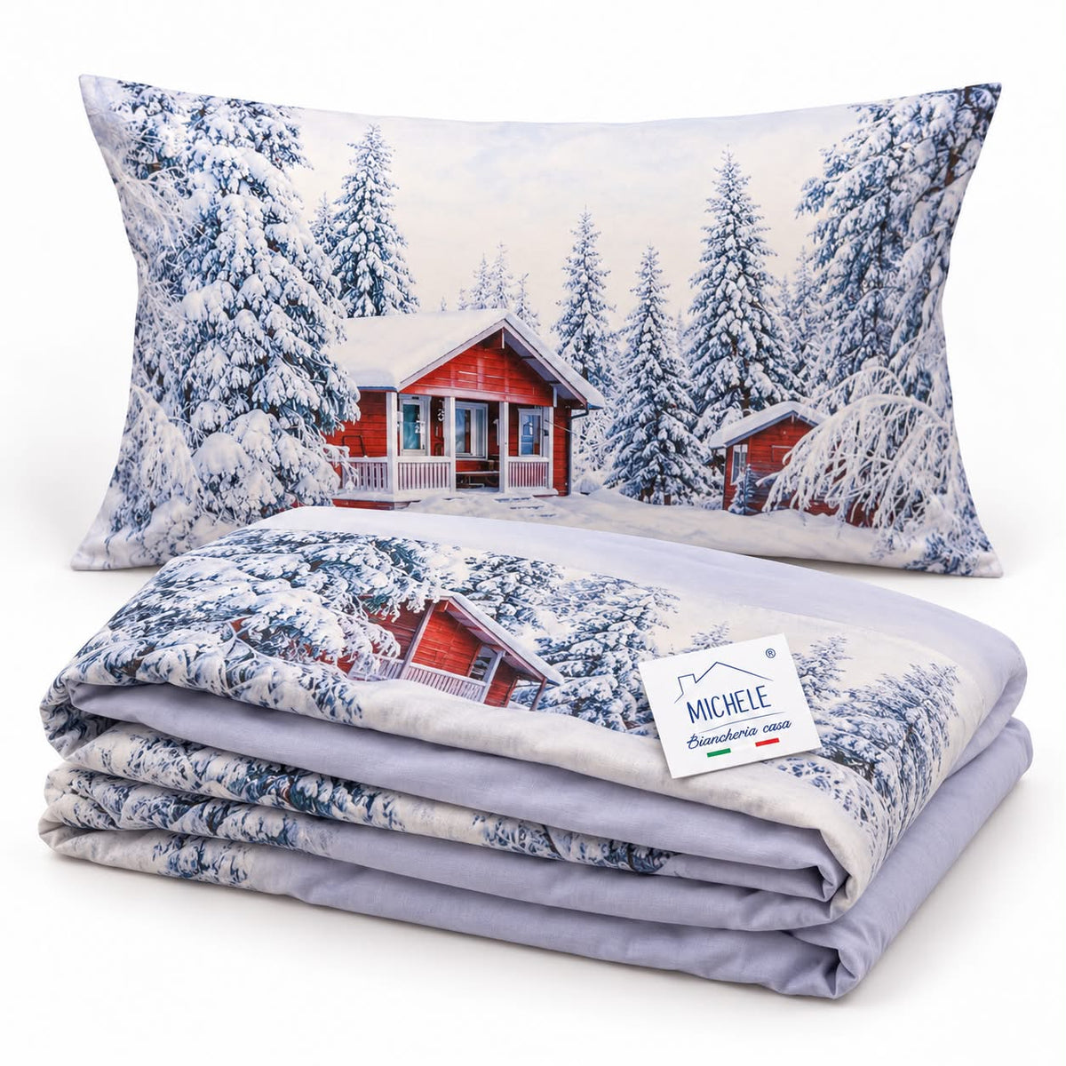Copripiumino matrimoniale 100% cotone Chalet nella Neve con stampa digitale di baita rossa e bosco innevato
