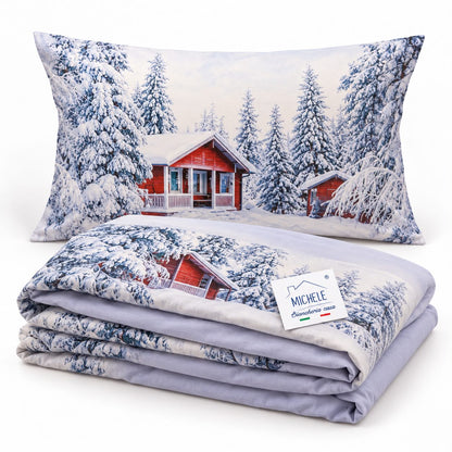 Copripiumino matrimoniale 100% cotone Chalet nella Neve con stampa digitale di baita rossa e bosco innevato