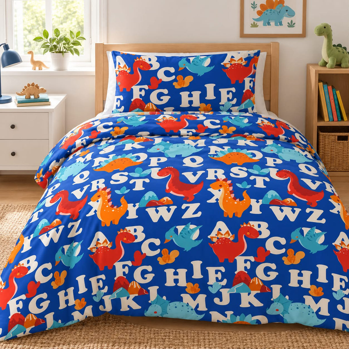 Copripiumino singolo Dino ABC in cotone 100% ambientato in cameretta per bambini