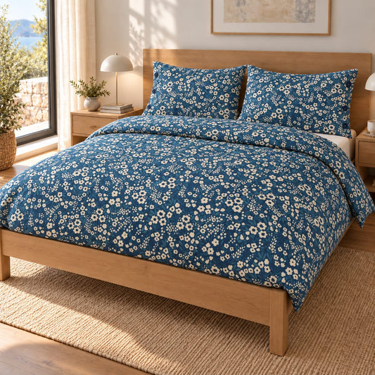 Copripiumino Matrimoniale Blue Blossom in Cotone 100% – Fantasia Floreale Blu
