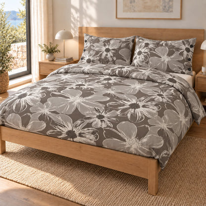 Copripiumino Matrimoniale Magnolia Taupe in Cotone 100% – Fantasia Floreale
