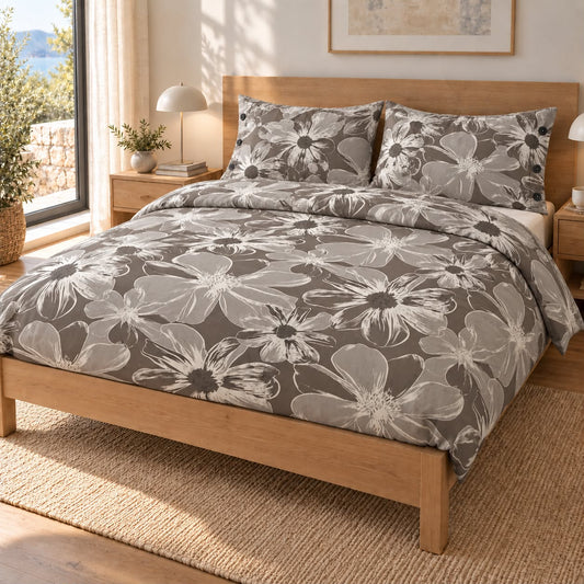 Copripiumino Matrimoniale Magnolia Taupe in Cotone 100% – Fantasia Floreale