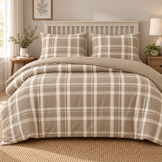Copripiumino Matrimoniale in Jersey Fantasia Quadri Naturali – Beige e Tortora
