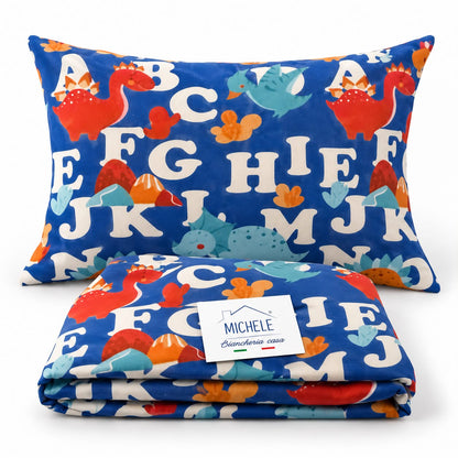 Copripiumino singolo Dino ABC 100% cotone prodotto italiano con dinosauri e lettere su fondo blu