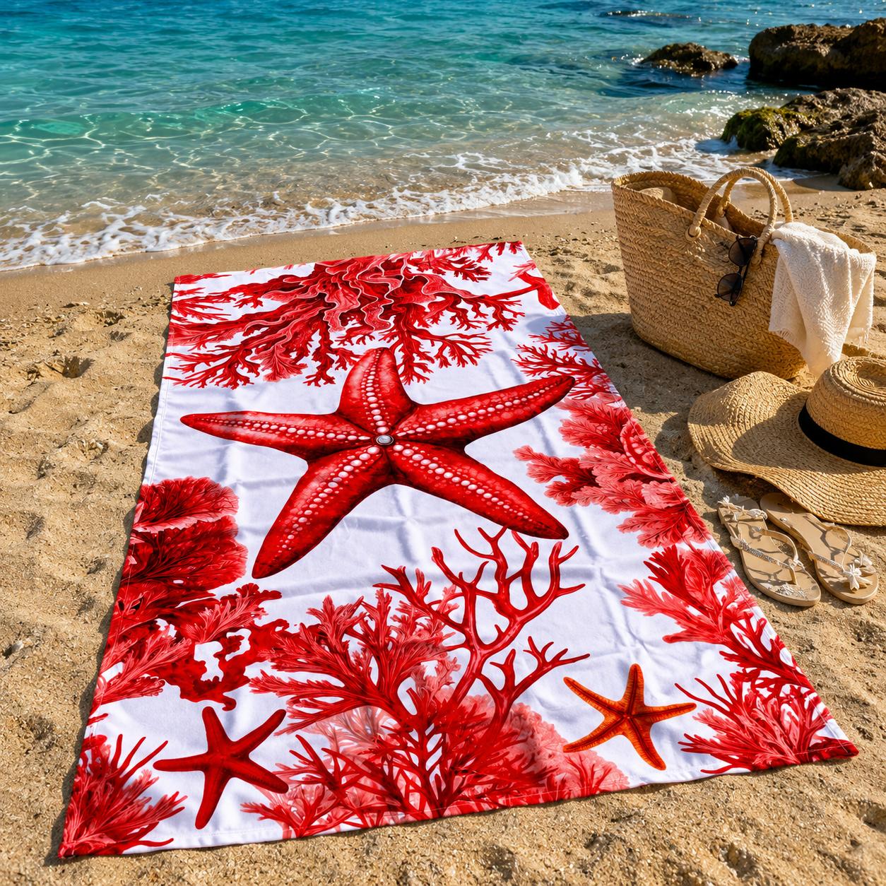 Telo Mare Microfibra Corallo e Stella Marina 90x170 cm – Due Varianti Colore Blu o Rosso – Leggero e Asciugatura Rapida