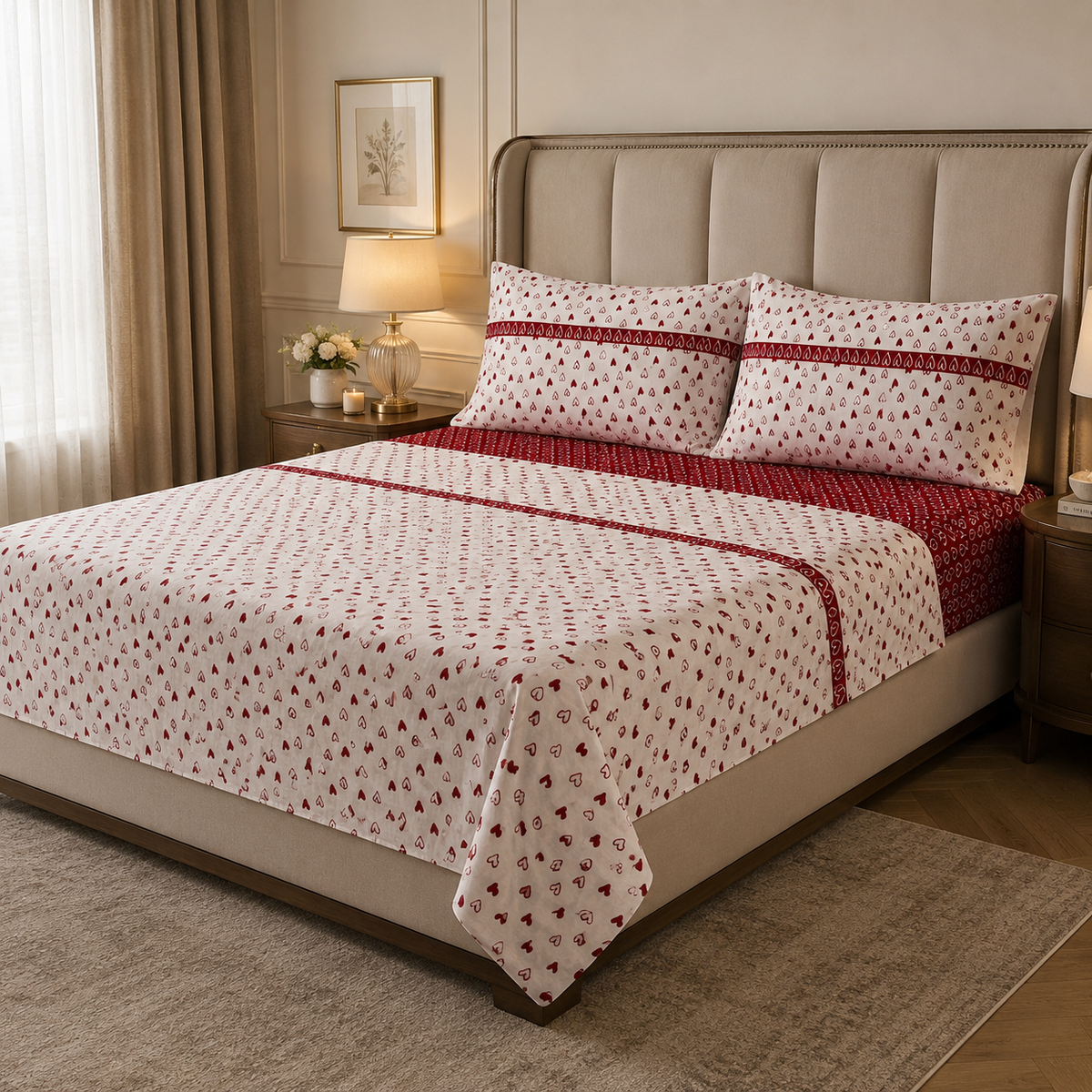 Completo Lenzuola Matrimoniale 100% Cotone – Fantasia Sweet-Love, Stile Romantico