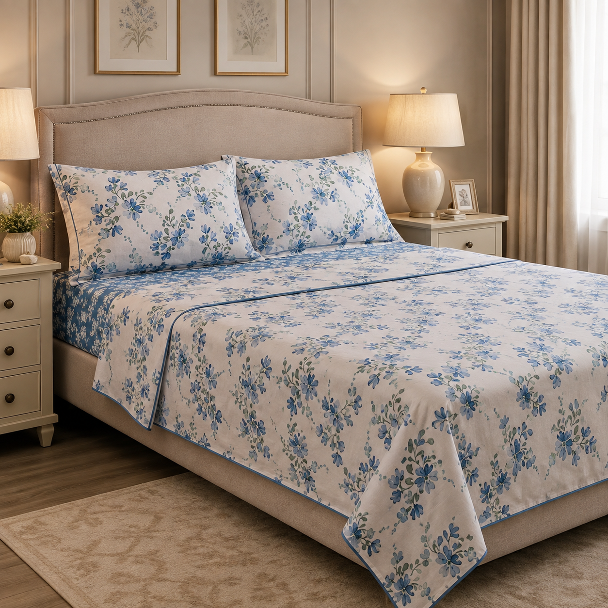 Completo Lenzuola Matrimoniale 100% Cotone Fantasia Floreale Azzurra