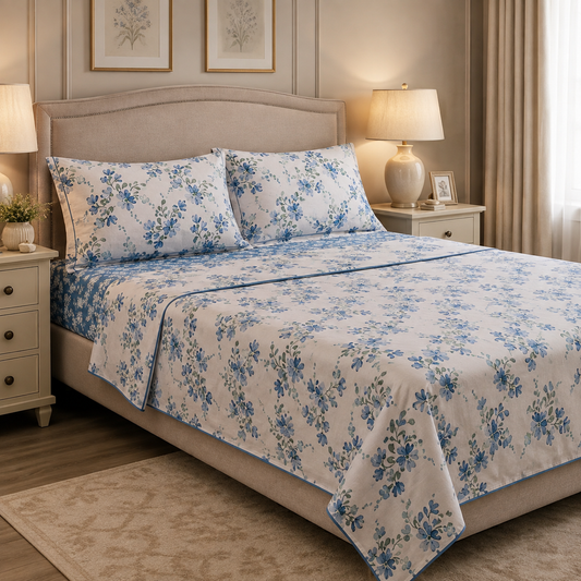 Completo Lenzuola Matrimoniale 100% Cotone Fantasia Floreale Azzurra