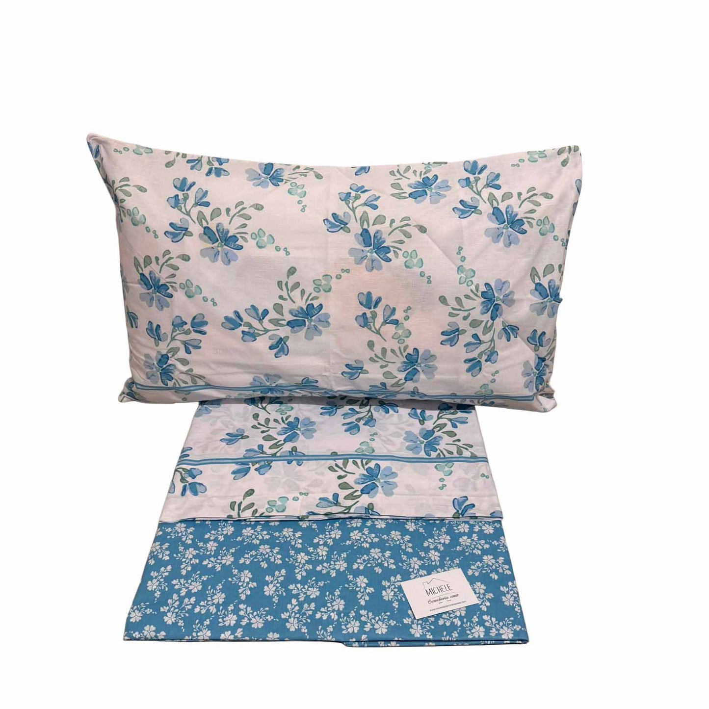 Completo Lenzuola Matrimoniale 100% Cotone Fantasia Floreale Azzurra