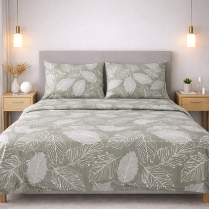 Completo Lenzuola Matrimoniali in Flanella 100% Cotone Italiano Foglie Verdi – Anti Pilling | Alta Qualità