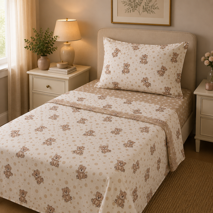 Completo Lenzuola Singolo 100% Cotone Fantasia Orsetti Beige