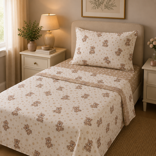 Completo Lenzuola Piazza e Mezza 100% Cotone Fantasia Orsetti Beige