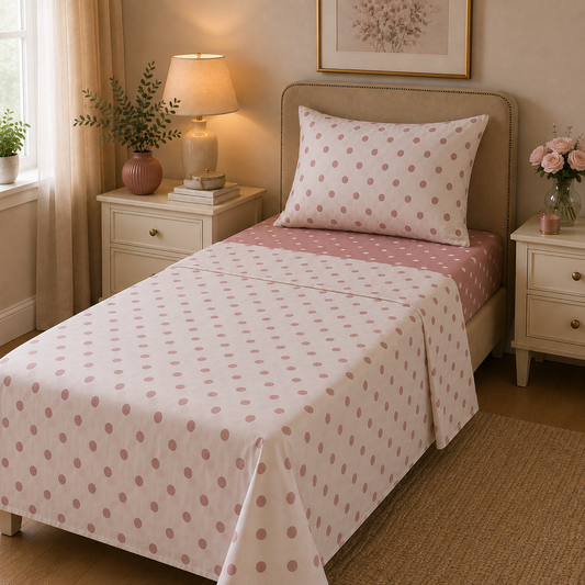 Completo Lenzuola Piazza e Mezza 100% Cotone Fantasia Pois – Verde o Rosa
