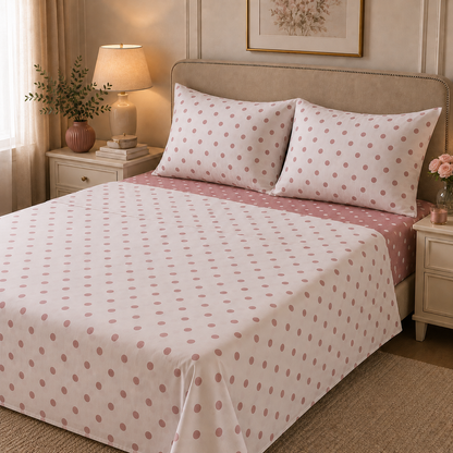 Completo Lenzuola Matrimoniale 100% Cotone Fantasia Pois – Verde o Rosa