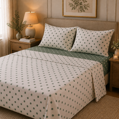 Completo Lenzuola Matrimoniale 100% Cotone Fantasia Pois – Verde o Rosa