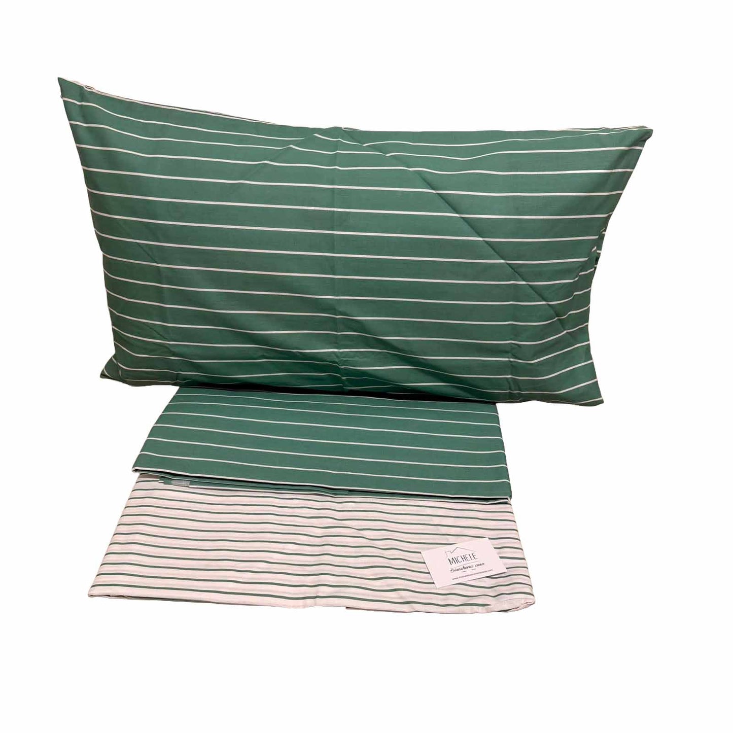 Completo Lenzuola Matrimoniale 100% Cotone Fantasia Righe Verde