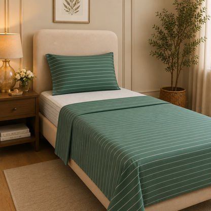 Completo Lenzuola Singolo 100% Cotone Fantasia Righe Verde