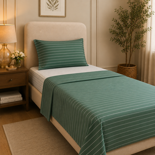 Completo Lenzuola Piazza e Mezza 100% Cotone Fantasia Righe Verde