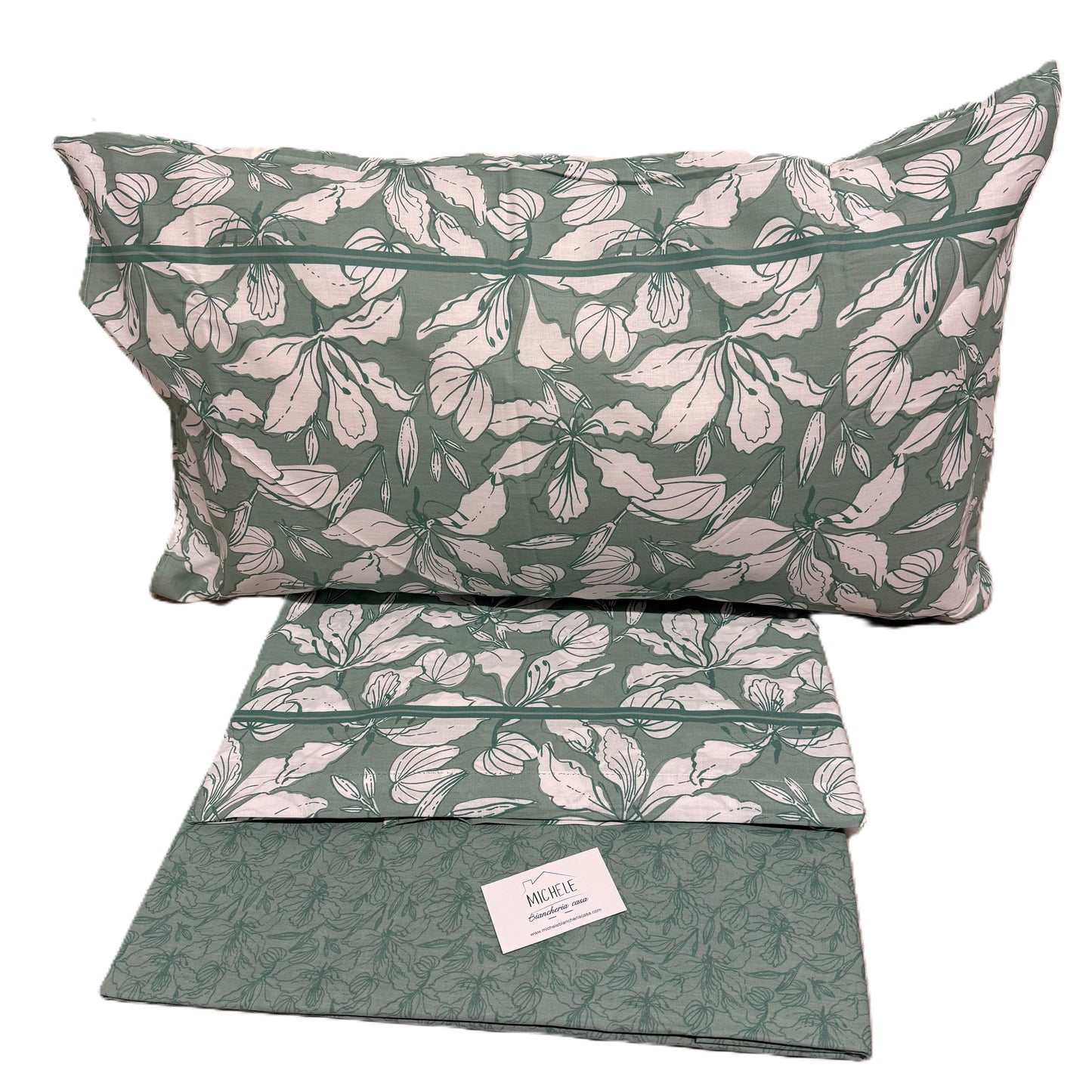 Completo Letto Matrimoniale in Cotone 100% Green Bloom – Lenzuola Verdi Floreali con Angoli