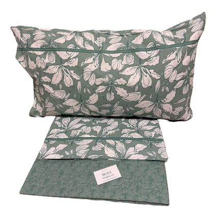 Completo Letto Matrimoniale in Cotone 100% Green Bloom – Lenzuola Verdi Floreali con Angoli