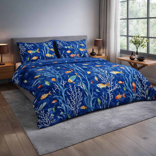 Completo Lenzuola Copriletto Matrimoniale Fantasia Marina “Blu Oceano”