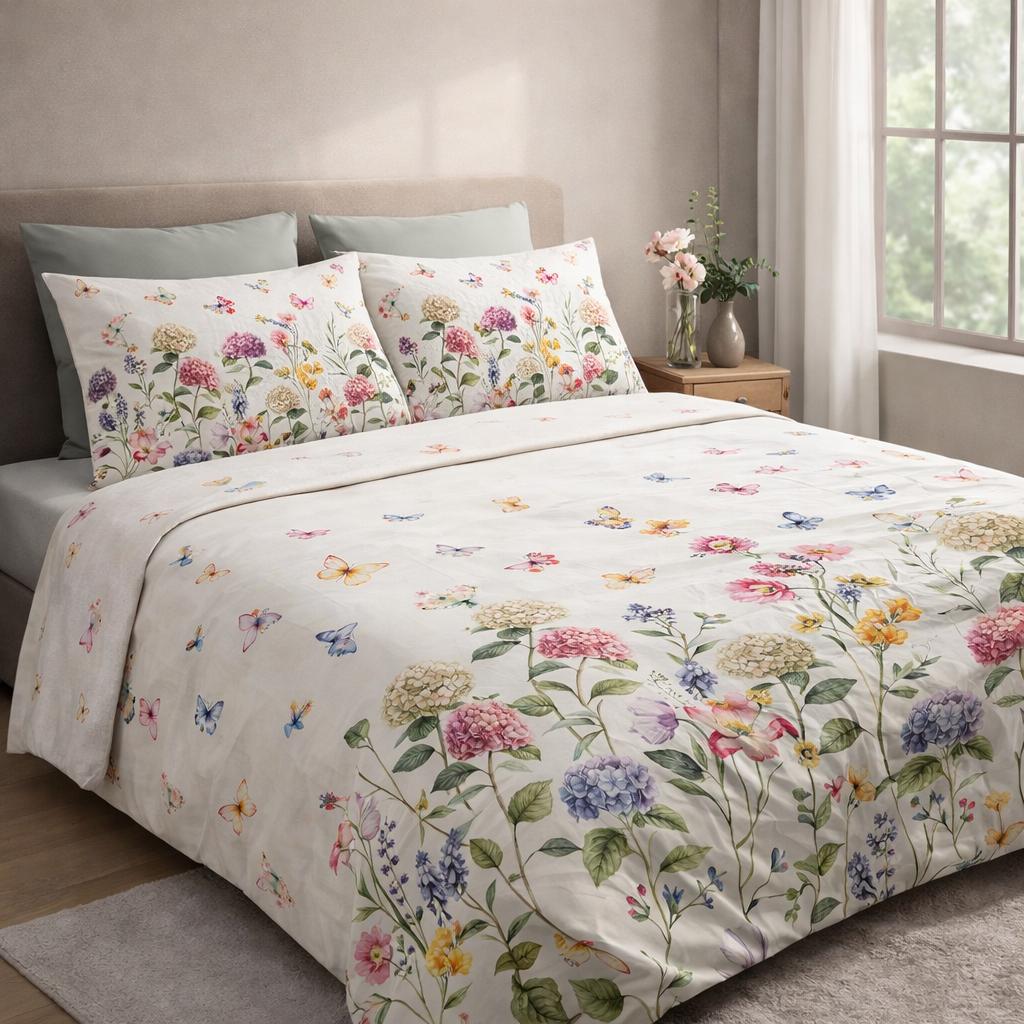 Lenzuolo-Copriletto Matrimoniale Fantasia Primavera in Fiore – Puro Cotone e Stampa Digitale HD