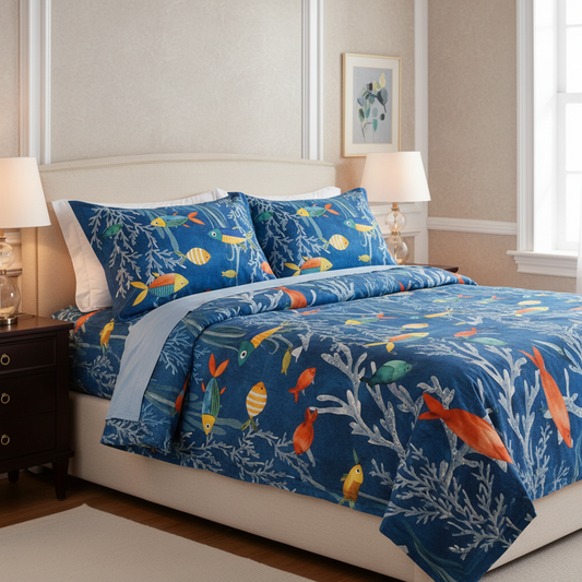 Completo Lenzuola Copriletto Matrimoniale Fantasia Marina “Blu Oceano”