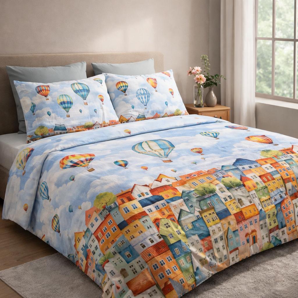 Lenzuolo-Copriletto Matrimoniale Fantasia Mongolfiere– Puro Cotone e Stampa Digitale HD