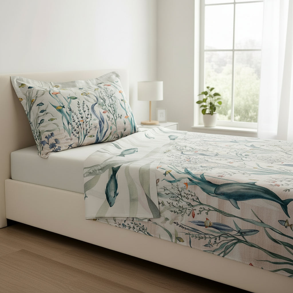 Completo Lenzuola Copriletto Matrimoniale Fantasia Marina “Oceano Vivo”