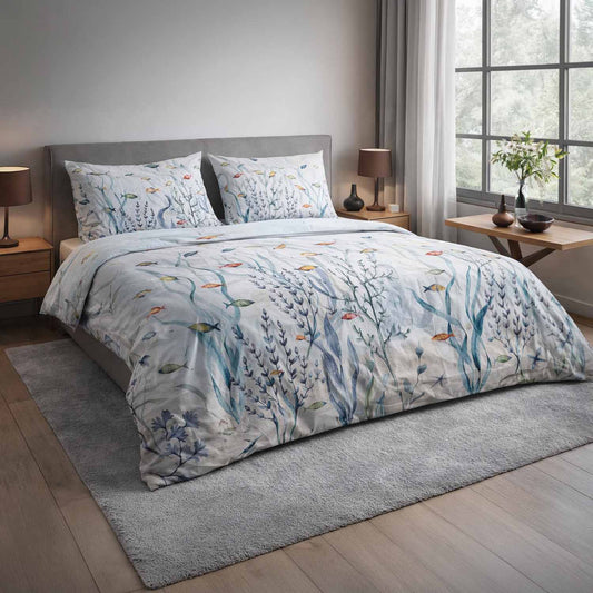 Completo Lenzuola Copriletto Matrimoniale Fantasia Marina “Oceano Vivo”