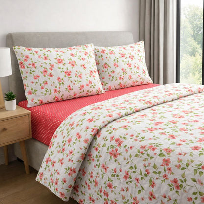 Completo Letto Matrimoniale in Cotone 100% Fantasia Giardino Vivace – Lenzuola con Angoli