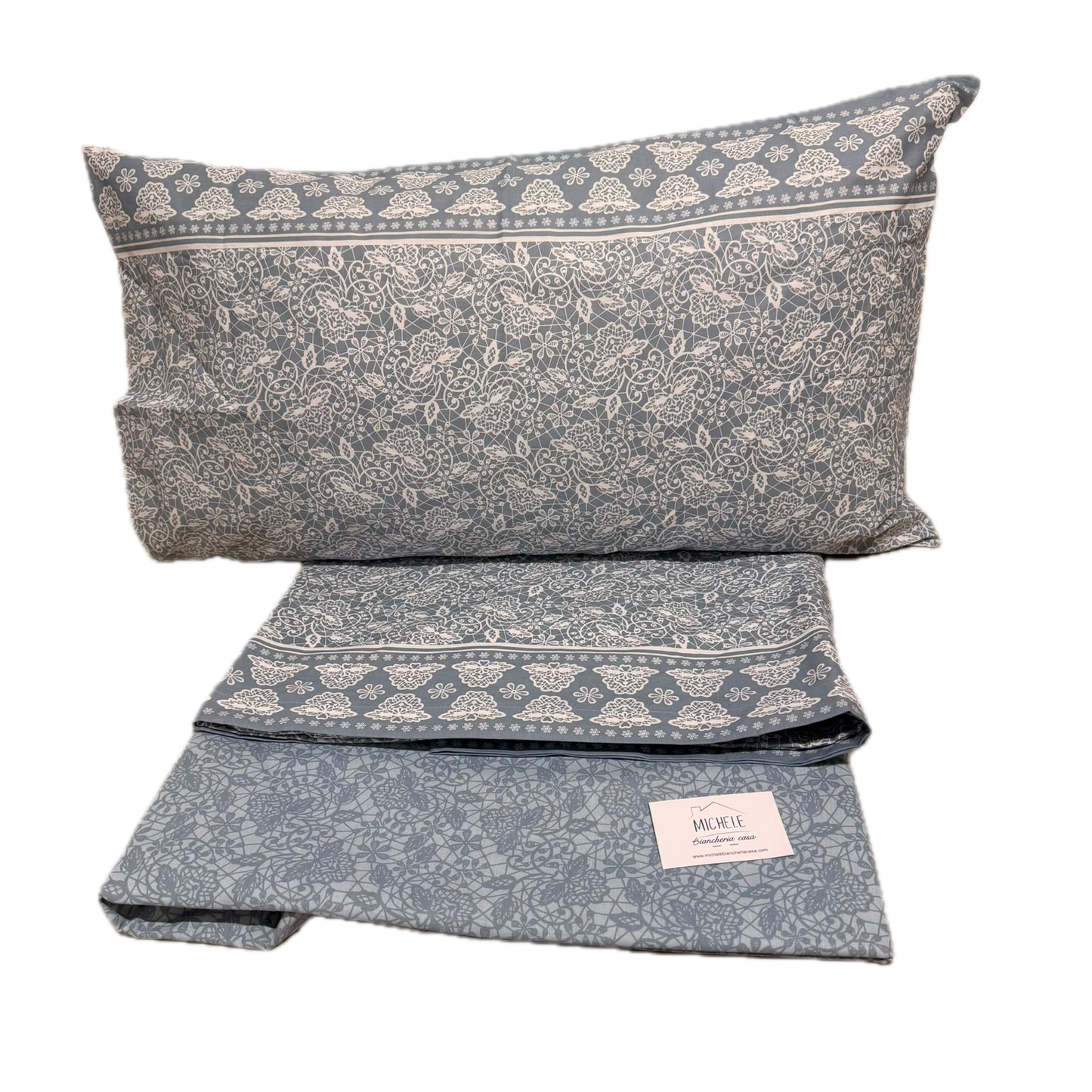 Completo Lenzuola Matrimoniale 100% Cotone Fantasia Floreale Azzurro Polvere
