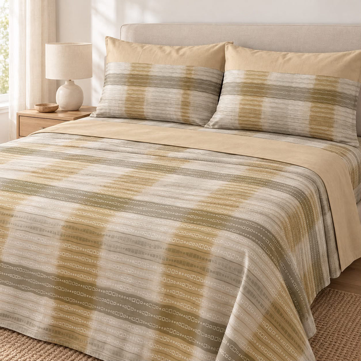 Lenzuola Matrimoniali in Puro Cotone 100% Geometric Sand – Arancio o Beige